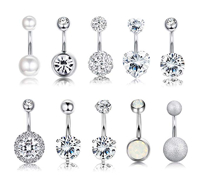 Yadoca 14G Stainless Steel Dangle Belly Button Rings for Women Girls Body Curved Barbell Piercing Set Navel Bar Rings CZ