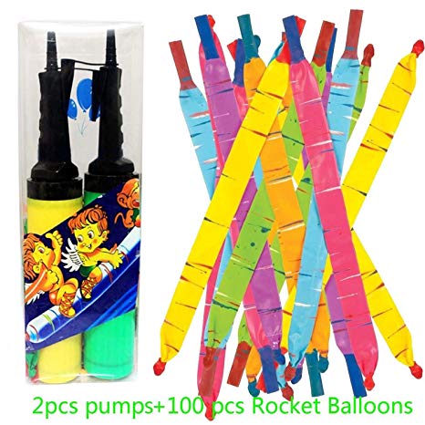 JOYOOO 100 PCS Toy Rocket Balloons,Giant Rocket balloons refill with Pair of Pumps SET, Party Favor Supplies Long Balloon Flying Whistling(colors may vary)