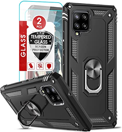 Samsung Galaxy A42 5G Case, Samsung A42 5G Phone Case with [2 Pack] Tempered Glass Screen Protector, [Military Grade] Magnetic Ring Kickstand Protective Phone Case for Samsung A42 5G, Black