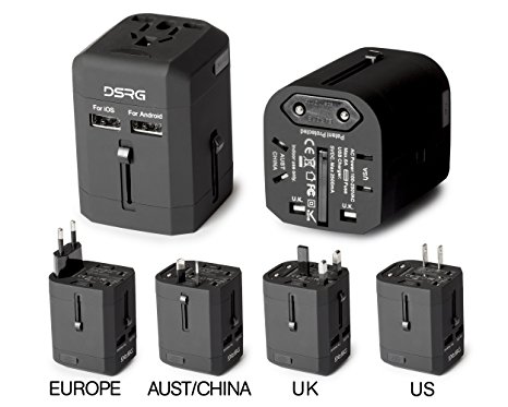 DSRG International UNIVERSAL All in One Worldwide TRAVEL POWER PLUG Wall AC Adapter Charger with Dual USB Charging Ports for US/EU/UK/AU with Black POUCH for safe STORAGE (BLACK style1)