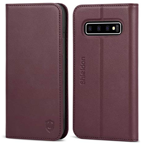 Galaxy S10 Plus Case, Galaxy S10  Plus Wallet Case, SHIELDON Genuine Leather Stand Feature RFID Blocking Case with ID & Credit Card Slots Holder Compatible with Galaxy S10 Plus (6.4 Inch) - Wine Red
