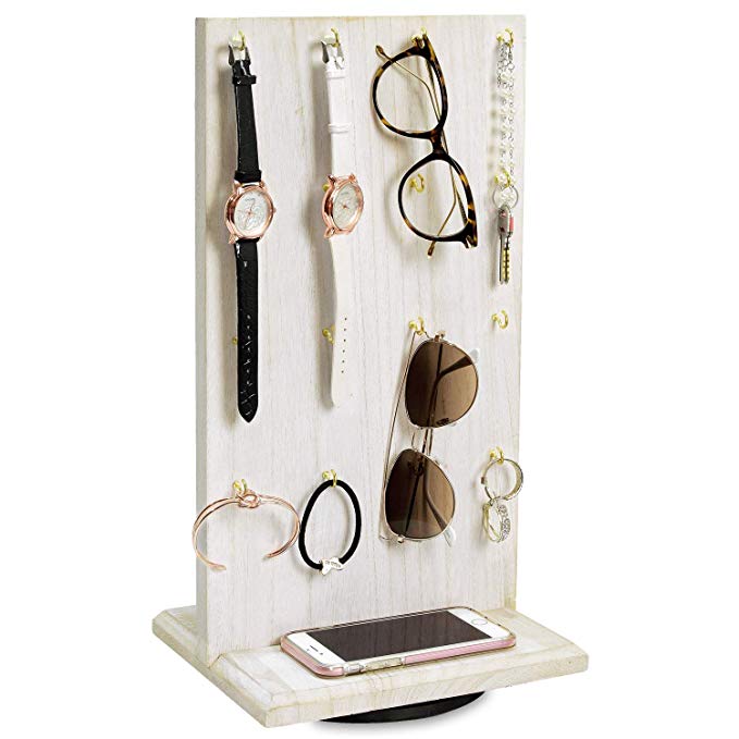 Ikee Design Wooden Rotating Two-Sided Jewelry Display Stand, Rotating Organizer with 32 Hooks for Store, Home Decoration, Wash White Color, 9" W x 7 1/2" D x 16 1/2" H