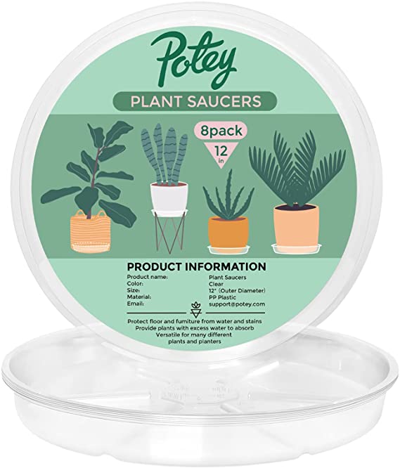 POTEY Plant Saucers 12 inch - 8 Pack of Clear Plastic Plant Drip Trays for Indoors & Outdoor Plants or Flower Planter Pots