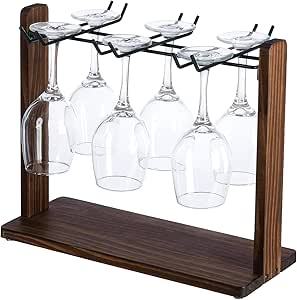 MyGift Modern Burnt Brown Solid Wood and Matte Black Metal Wire Tabletop Wine Glass Holder, Countertop Drying Rack for Drinking Glasses, Goblets, Flutes