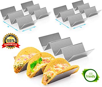 6 Pack Stainless Steel Taco Holder Tray, Taco Truck Stand Holds Up To 3 Tacos Each as Plates, Use as a Shell Baking Rack - Safe for Dishwasher, Oven, and Grill, Holders Size 8" x 4" x 2"