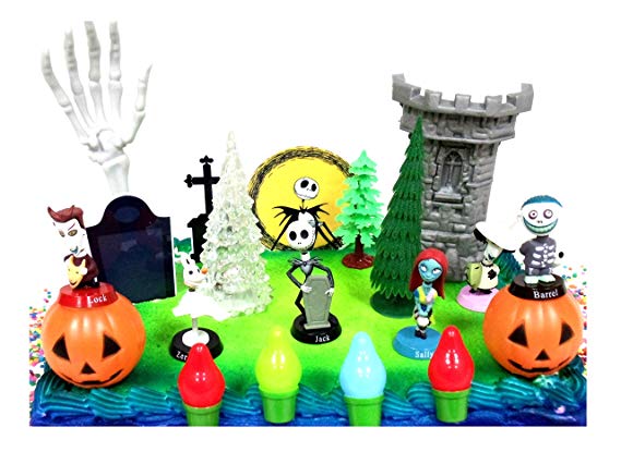 Nightmare Before Christmas 17 Piece Birthday Cake Topper Set Featuring 2" to 3" Cake Topper Figures of Lock, Shock, Zero, Jack Skellington, Sally, Barrel and Other Decorative Themed Accessories