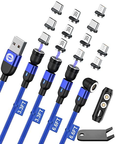 EndlesShine Magnetic Phone Charger | 4Packs 3.3/3.3/6.6/6.6FT | USB C Cable,Micro USB,iProduct 3 in 1 Magnetic Charging Cable | Magnet Android Charger Type C Cable | 3A Fast Charging Data Sync (Blue)