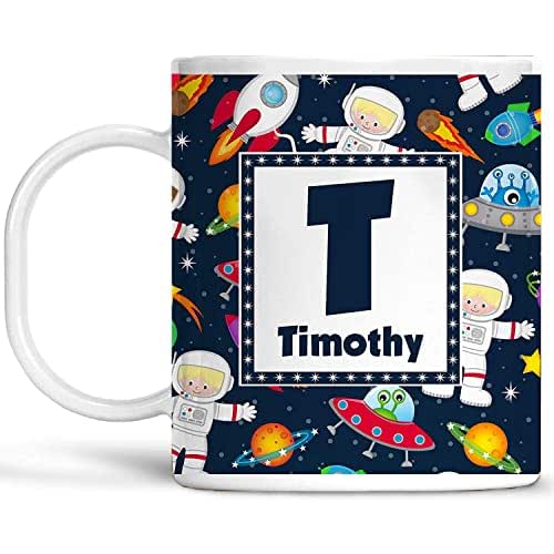 Kids Personalized Mug Space Rocket Ship Astronaut Customize with Name and Initial Lightweight and Drop Proof | Dishwasher Safe Child Toddler Unbreakable Cup BPA Free