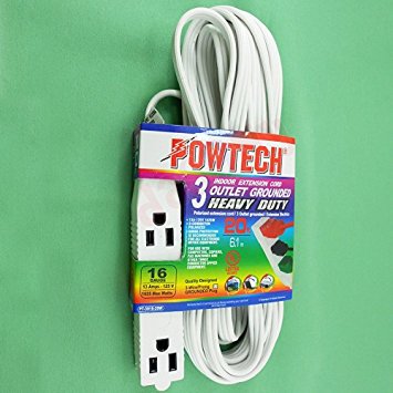 Powtech 20 Feet HEAVY DUTY 3Prong 3 Outlet Extension Cord White