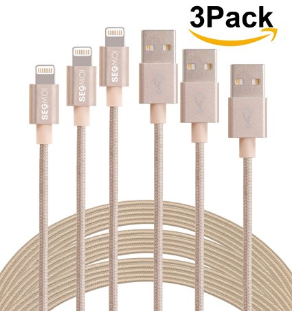 SEGMOI(TM) 3Pack 3M 10Ft Durable Nylon Braided Lightning 8Pin to USB Data Sync Charging Cable Charger Cord With Aluminum Heads for iPhone 6/6s/6 Plus/5/5c/5s, iPad 4 Mini Air iPod Nano 7 iPod Touch 5 (Golden)
