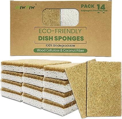 Miw Piw Biodegradable Natural Kitchen Sponge - Pack 14 Sustainable Compostable Wood Cenlulose and Coconut Fibre Scrubber - Eco Friendly Sponges for Dishes Sink with Scouring Pads