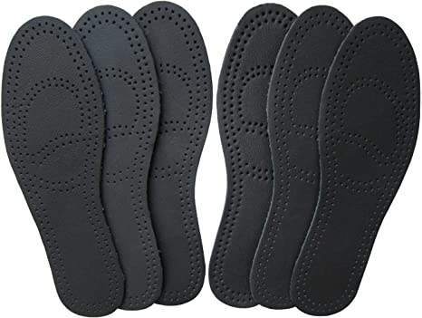 Bellcon Black Leather Insoles for Men Boots Insoles Nonslip Shoe Pads Thin Leather Shoe Liners Comfort Cushion Pads with Activated Carbon Insoles for Odor Eater (3 Pairs/ Mens US 10-10.5)