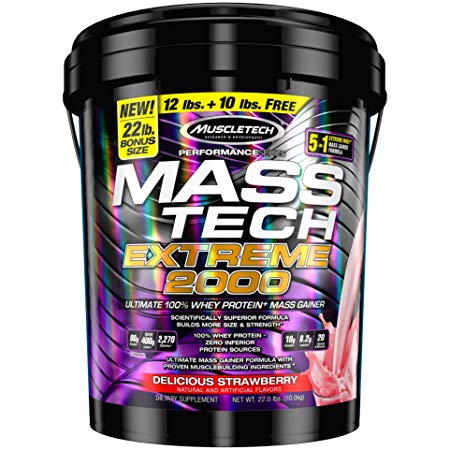 MuscleTech Mass Tech Extreme Weight Gainer Protein Powder, Strawberry, 22lbs (10kg)