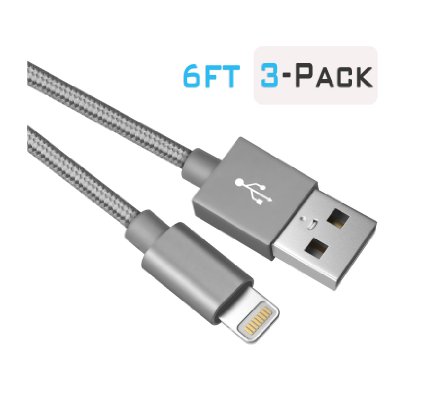 BudgetampGood 3 Pack 6 Ft Nylon Braided Lightning to USB Cable  Charger Cord for iPhone 6s6s Plus65s5iPad Air and Mini and the Latest iPhone Devices Compatible with IOS 9 Grey