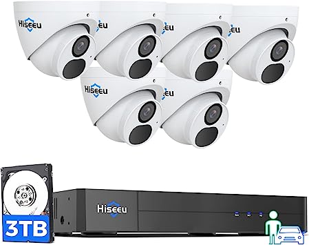 [100ft Night Vision  3TB HDD] Hiseeu 4K PoE Security Camera System, 6Pcs 8MP IP/PoE Security Camera Outdoor, Person/Human Detect, IP 67 Waterproof, Motion Alerts, 3TB HDD for Home 24/7 Record