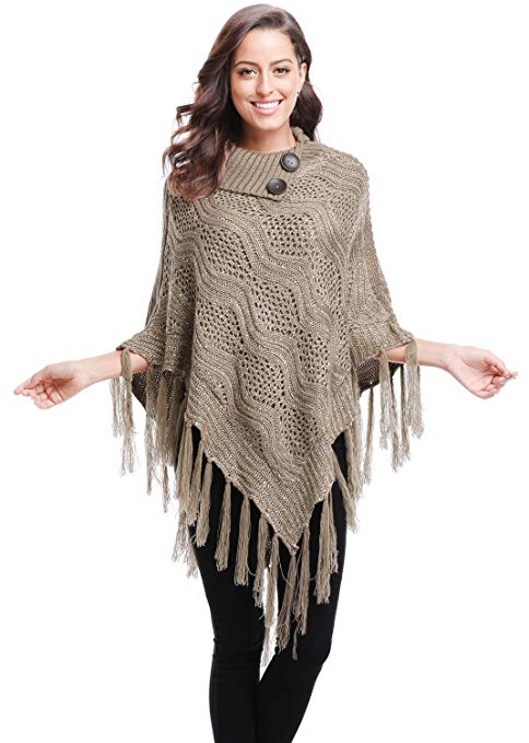 Bellady Women Solid Color Batwing Pullover Sweater Knitted Poncho Cape with Tassel