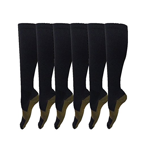 6 Pairs Copper Knee High Compression Support Socks For Women and Men - Best Medical, Nursing, Maternity Pregnancy and Travel Socks - 15-20mmHg
