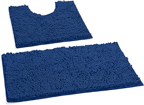 LuxUrux Bath Mat, Luxury Chenille (2-Piece) Bath Mat Set, Soft Plush Anti-Slip Bath Rug   Toilet Mat.1'' Microfiber Shaggy Carpet, Super Absorbent (Curved Set, Blue)