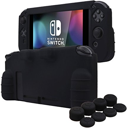 YoRHa HAND GRIP Silicone Cover Skin Case for Nintendo Switch x 1(black) With Joy-Con thumb grips x 8