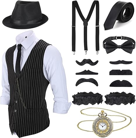 SATINIOR 1920s Mens Costume 20s Halloween Cosplay Accessories Outfit with Gangster Vest Fedora Hat Pocket Watch Suspenders