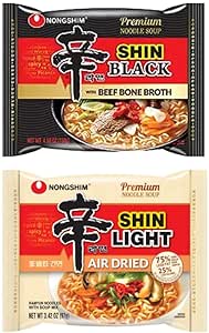 Premium Ramen Combo, Shin Black with Beef Bone Broth (8Pack) and Shin Light Air Dried Ramen (8 Pack) - Total 16Pack