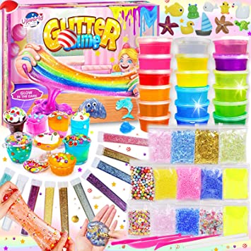 DIY Slime Kit Set for Girls Boys, Slime Making Kit with 18 Colors Crystal Clear Slime, Ultimate Glow in The Dark Powder, Glitter Powder and More for Kids Art Craft Toys