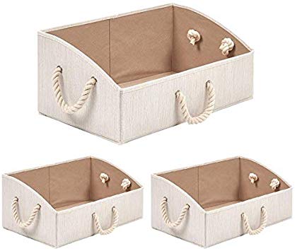 BeigeSwan Large Storage Bins [Set of 3] Trapezoid Collapsible Organizer Boxes Baskets with Cotton Rope Handle - 19.7 x 11.2 x 8.3 inches (Beige)