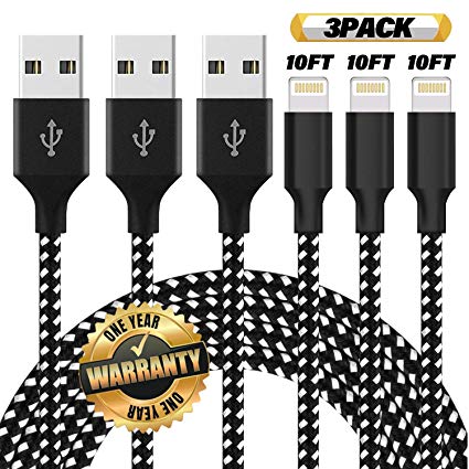 iPhone Charger,CYHCiCi MFi Certified Lightning Cable 3Pack 10FT Extra Long Nylon Braided USB Charging & Syncing Cord Compatible iPhone Xs/Max/XR/X/8/8Plus/7/7Plus/6S/6S Plus/5S/SE/iPad -Black White