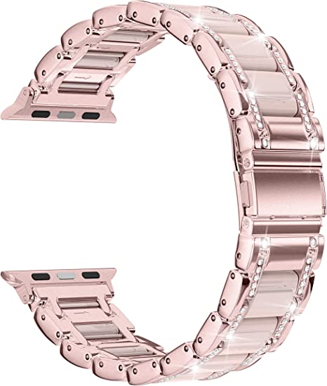 Moolia Metal Band Compatible with Apple Watch Band 38mm 40mm 41mm Women Rhinestones Resin Wristband Bling Diamond Bracelet Replacement for iWatch Series Ultra 8 7 6 5 4 3 2 1 SE, Pink Gold  Pink