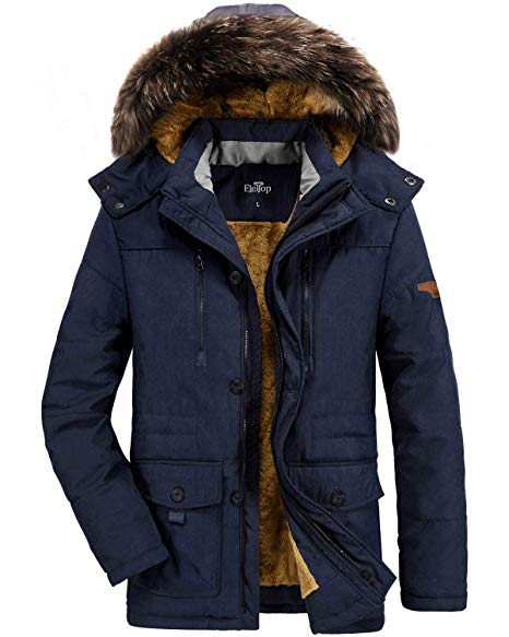ELETOP Men's Winter Coats Thicken Parka Jacket Faux Fur Lined Outerwear Warm Cotton Coat with Detachable Hood Outdoor