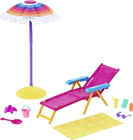 Barbie Loves The Ocean Beach-Themed Playset, with Lounge Chair, Umbrella & Accessories, Made from Recycled Plastics, Gift for 3 to 7 Year Olds