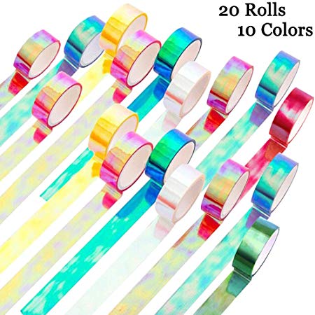 Holographic Colored Masking Tape Set, KISSBUTY 20 Rolls Rainbow Masking Tapes Translucent Labelling Tapes Decorative Waterproof Adhesive Iridescent Graphic Art Tape for Arts DIY Office Supplies