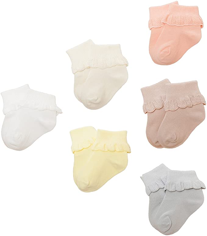 Baby Girls Socks 6er Pack Selected Cotton Socks for Newborn Infants Toddler 0-36 Months Lotus Lace
