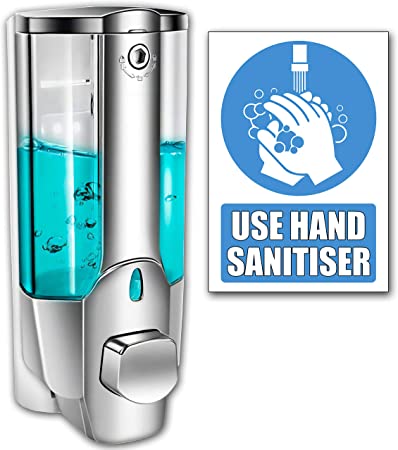 Hand Sanitiser Dispenser, Soap Shampoo Liquid Dispenser, 350ml Wall Mounted Manual Dispenser for Bathroom Kitchen Living Room Doorstep, Bonus USE HAND SANITISER sign