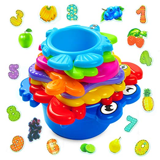 AGREATLIFE Baby Stacking Cups Bath Toys: My First Under The Sea Animal Stacker with Holes for Sprinkling Water and Sifting Sand - Includes Fun and Brightly Colored Numbers and Fruits Stickers