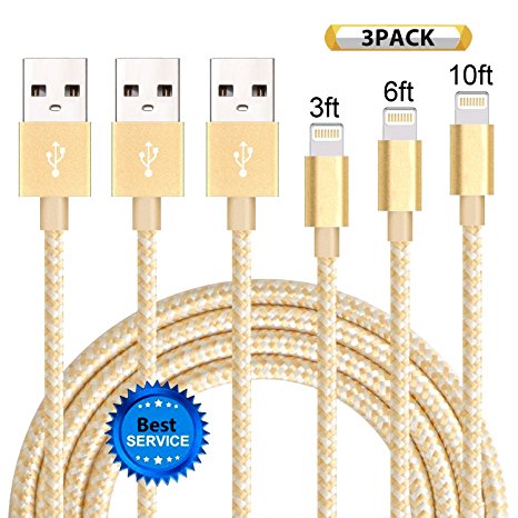 iPhone Cable SGIN 3-PACK 3FT 6FT 10FT Nylon Braided Lightning to USB Cable - Syncing for Apple iPhone 7, 7 Plus, 6s, 6s , 6, SE, 5s, 5c, 5, iPad, iPod (Gold)