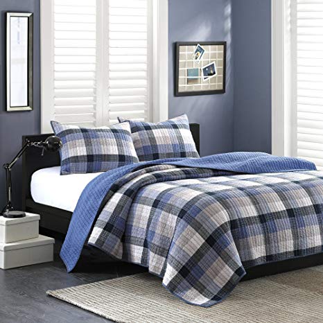 Ink+Ivy Maddox King Size Teen Boys Quilt Bedding Set - Navy, Black, Plaid – 3 Piece Boys Bedding Quilt Coverlets – 100% Cotton Yarn And Cotton Percale Bed Quilts Quilted Coverlet