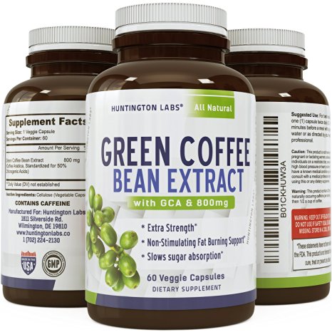 Pure Green Coffee Bean Extract for Weight Loss Pills - Dietary Supplement to Burn Fat Curb Appetite and Boost Metabolism for Men and Women - Contains Antioxidants to Detox and Cleanse - 800mg Capsules