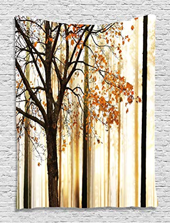 Ambesonne Autumn Tapestry, Picture of a Lonely Tree with Orange Leaves on an Abstract Woodland Background, Wall Hanging for Bedroom Living Room Dorm Decor, 40" X 60", Brown Beige