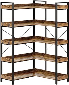 Rolanstar Bookshelf 5 Tier with 4 Hooks, Reversible Corner Bookshelf, 65" Industrial Wooden Bookcase with Open Shelves and Metal Frame for Living Room, Bedroom, Home Office, Rustic Brown