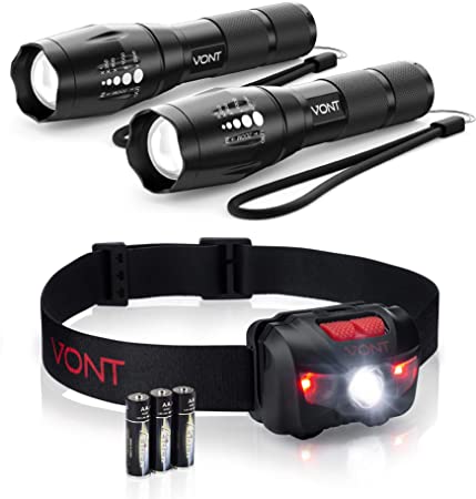 Vont Flashlight Power Pack 2 - Blaze 2-Pack Flashlight - Ultra Bright Tron Headlamp, High Lumens, Smart Grip, Adjustable Modes & Focus, Heavy Duty Flashlights - Ideal for Power Outages & Emergencies