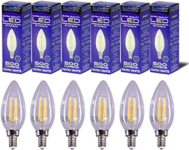 IllumiSci - B11 LED Candelabra Light Bulb, E12 Standard Base, Chandelier Flame Style, Premium Quality, Energy Saving, 5.5 Watts, 500 Lumen, 90CRI, Clear Glass, Warm White, 2700K, Dimmable - 6 Pack