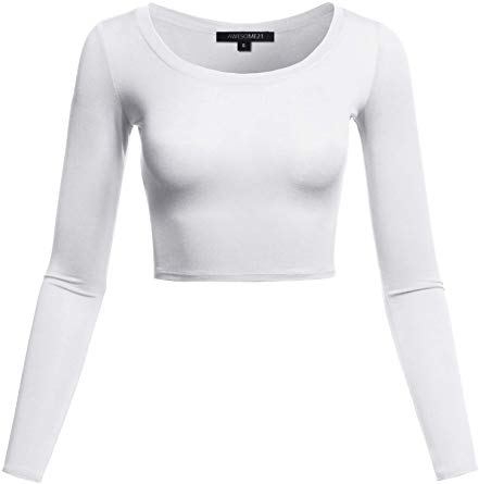 Women's Solid Round Neck Long Sleeve Basic Crop Top