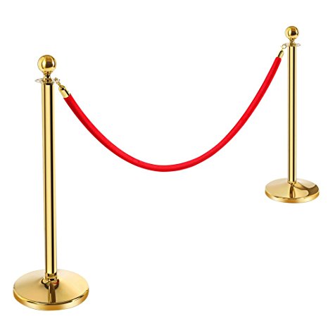 Smonet Round Top Polished Brass Stanchion Posts Queue Barrier, Set of 2 Posts with 1 of 6.5' Red Velvet Rope, Gold