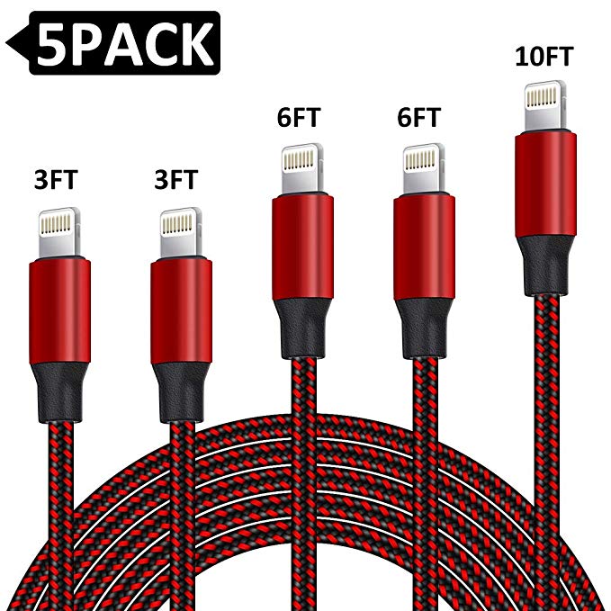 iPhone Charger,AYNGWRNB MFi Certified Lightning Cable 5 Pack(3 3 6 6 10ft) Durable High-Speed Charger Nylon Braided Cord Compatible iPhone Xs/Max/XR/X/8/8Plus and More