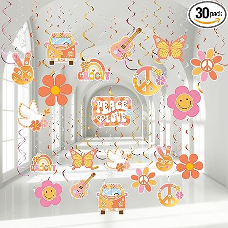 60's Hippie Theme Party Foil Swirl Decorations, 60s Groovy Party Retro Flower Cutouts Peace Sign Hanging Swirls Ceiling Decorations for 60s Hippie Theme Groovy Party Supplies, 30 Count (Bright)