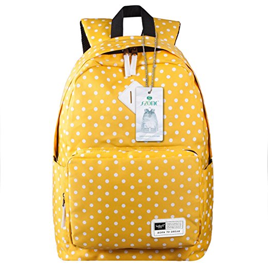 S-ZONE 14 Inch Laptop Lightweight Oxford Fabric Classical Student School Casual Fashion Daypack Travel Backpack for Teen Girls Polka Dot Yellow