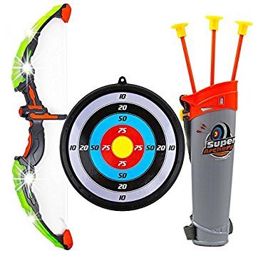 Toysery Kids Toy Bow & Arrow Archery Set with Arrow Holder with Target Stand - LED Light Up Function - Hunting Series Toy for Boys And Girls,