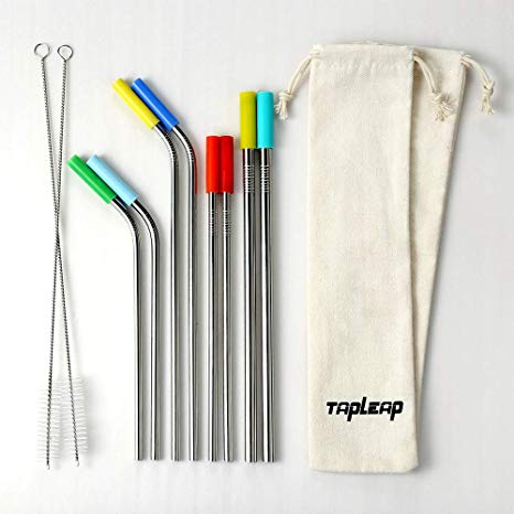 Stainless Steel Metal Straws with 2 Carrying Bags, Silicone Tips and Cleaning Brush (Set of 8) BPA Free Reusable and Portable Drinking Straws for 30oz 20oz YETI Tumbler 9.5" 8.5" Diameter 0.24" 0.31"