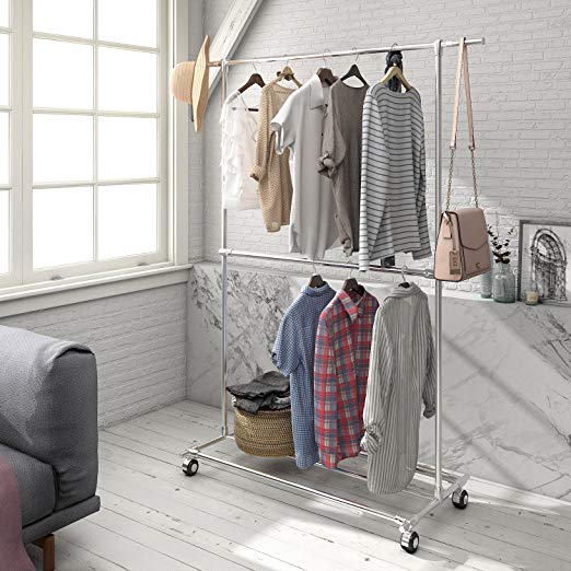 Lifewit Adjustable Double Rods Garment Rack with Storage Base for Shoe Boxes Rolling Hanging Rail for Clothes,Stainless Steel